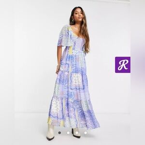 💜💛scoop neck maxi dress with raw edge in mixed scarf print💛💜